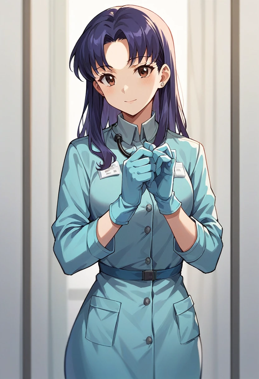 1girl, misato katsuragi, ((blue medical gloves)), (doctor uniform), ((long sleeves)), looking at viewer, standing, solo
