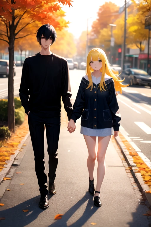 Two students hold hands walking on a road full of autumn leaves ( girl with black hair, long, tall guy with yellow hair)