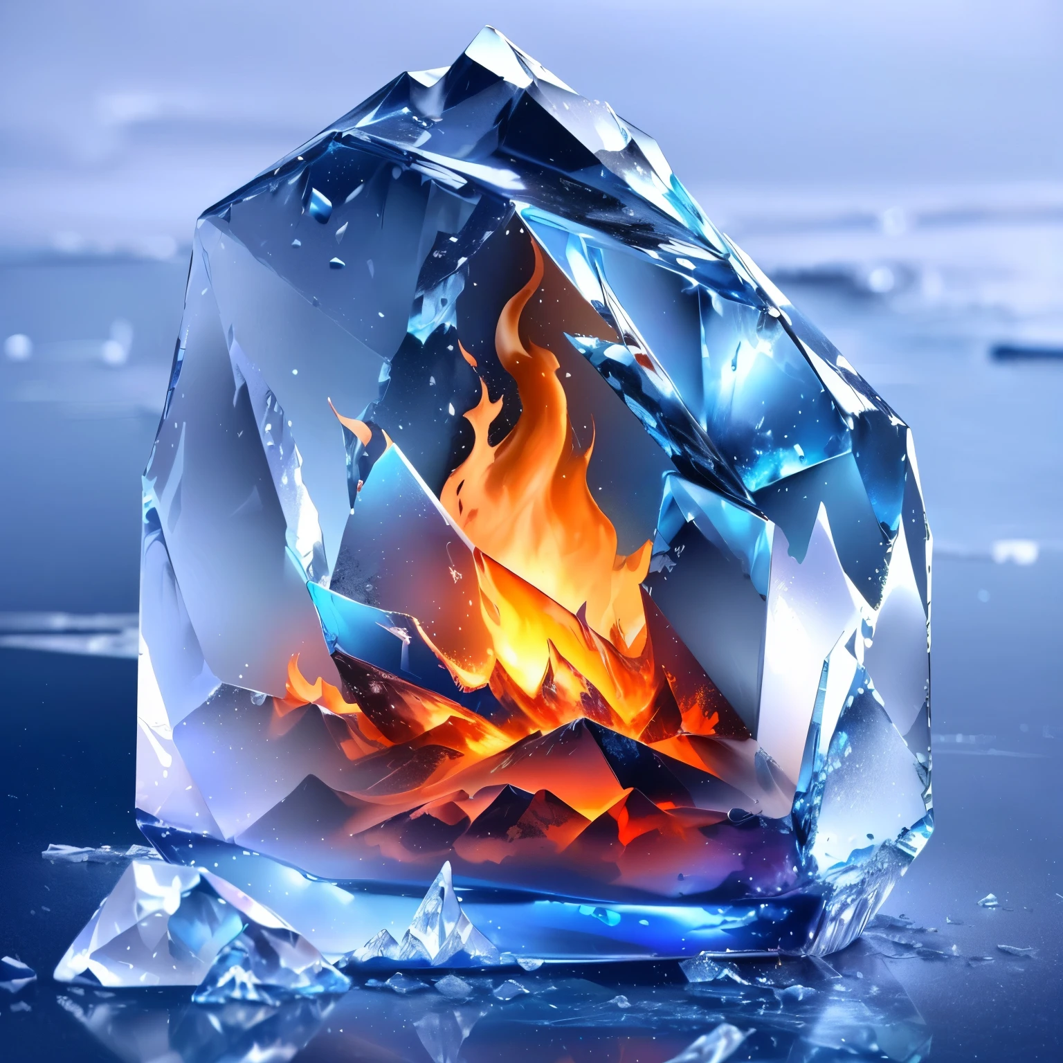 flame burns inside a piece of ice on the beach, Drops of water flow down the ice, Ice and fire, fire and Ice, orange fire/duality of blue ice!, icy вулкан, made of ice, Magic Frozen Ice Phoenix Egg, melting ice cube, все сделано made of ice, icy, Shimmering ice particles, scary sharp icy, melting glass, armor made of ice