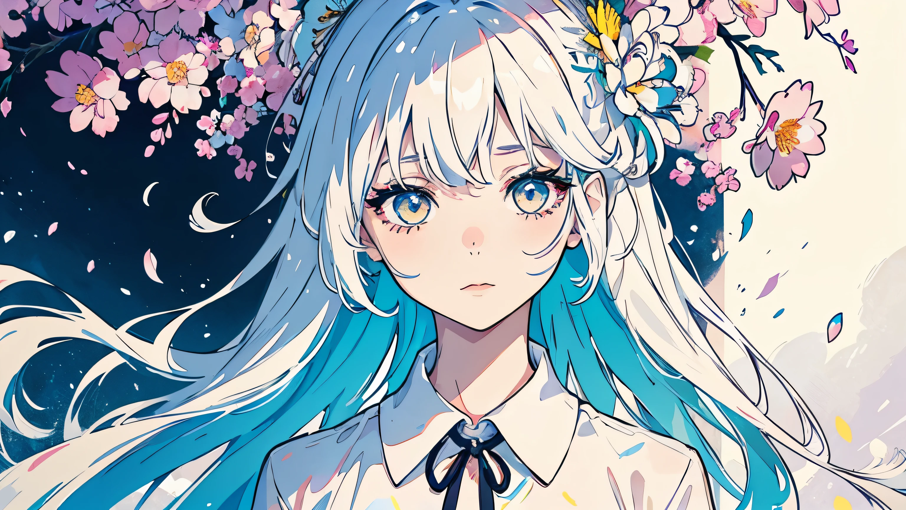 Lovely beautiful girl,1 girl,Wearing a platinum shirt,Half-body photo,Black clear eyes,Small face,Color Splash,Color Splash,Messy Lineouth closed,Long eyelashes,White shirt,Upper Body,Paint splashes,Acrylic paint,Rainbow Hair,Highest quality,In the background is a sky dotted with flowers.