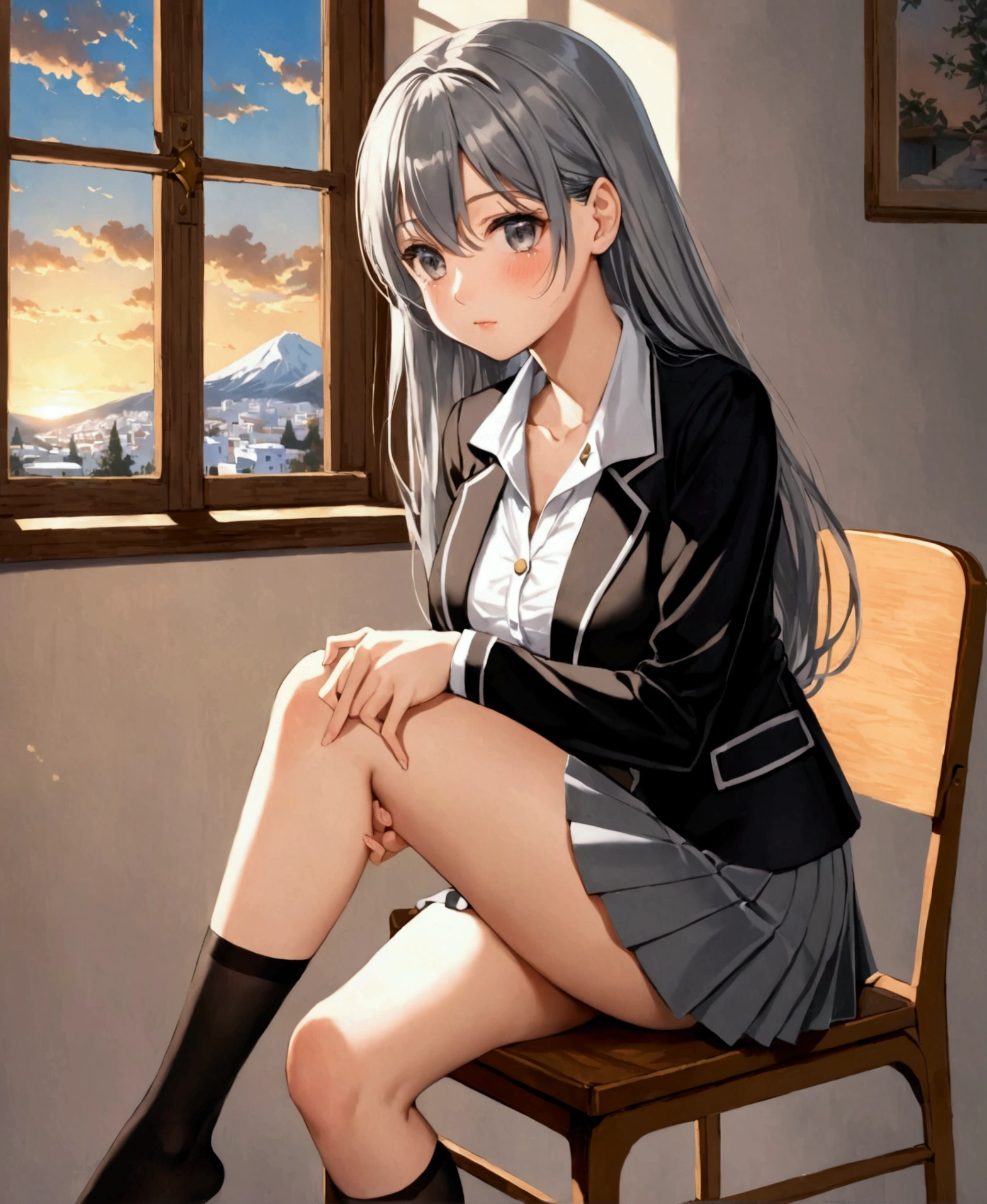 In a private school for women, a beautiful student, in the dormitory, in her room, sitting on a chair, window behind, winter, sunset, nostalgic, tears on her cheeks, running her fingers through her hair, looking at the viewer, crossing the legs, resting the hand on the lap, /(extremely long straight hair, almond-shaped eyes, hourglass-shaped athletic body, large breasts, medium hip, medium waist, shapely legs, perfect fingers, Greek nose, perfect hands, triangular face,), /(uniform: white V-neck blouse long sleeves, gray pleated mini skirt, black satin blazer with gold buttons, black thigh-high stockings held up by garters,),