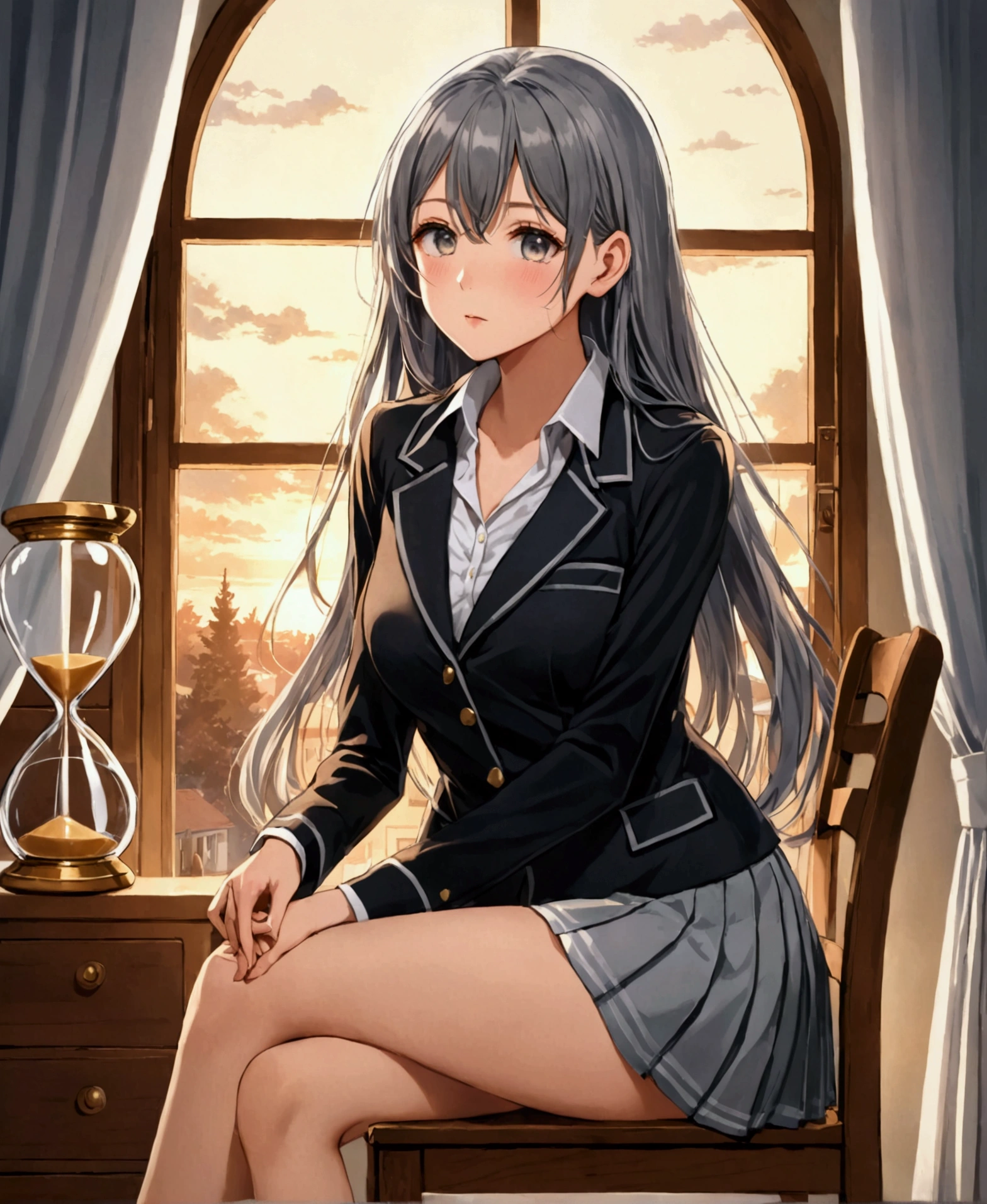 In a private school for women, a beautiful student, in the dormitory, in her room, sitting on a chair, window behind her, winter, dusk, nostalgic, tears on her cheeks, bending her right leg, resting her foot on the edge of the chair, with her knee bent at a sharp angle, wrapping her arms around her knee, holding her with a mixture of softness and firmness, /(extremely long straight hair, almond-shaped eyes, hourglass-shaped athletic body, large breasts, medium hip, medium waist, shapely legs, perfect fingers, Greek nose, perfect hands, triangular face,), /(uniform: white V-neck blouse long sleeves, gray pleated mini skirt, black satin blazer with gold buttons, black thigh-high stockings held up by garters,),