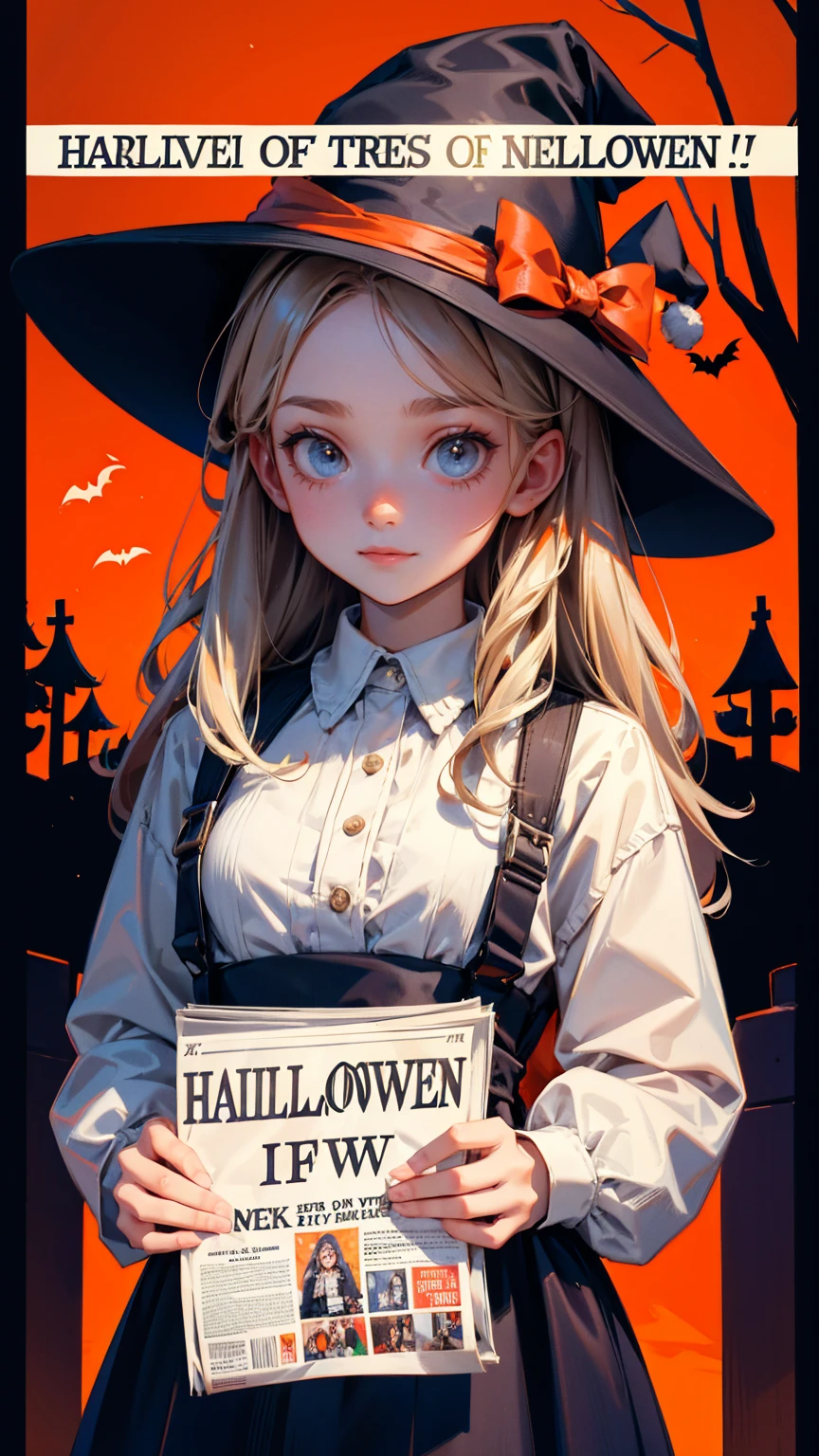 cute girl wearing hat and holding up a newspaper with the text "Announcement of Announcement," written on it, with a Halloween background and spooky trees in the back