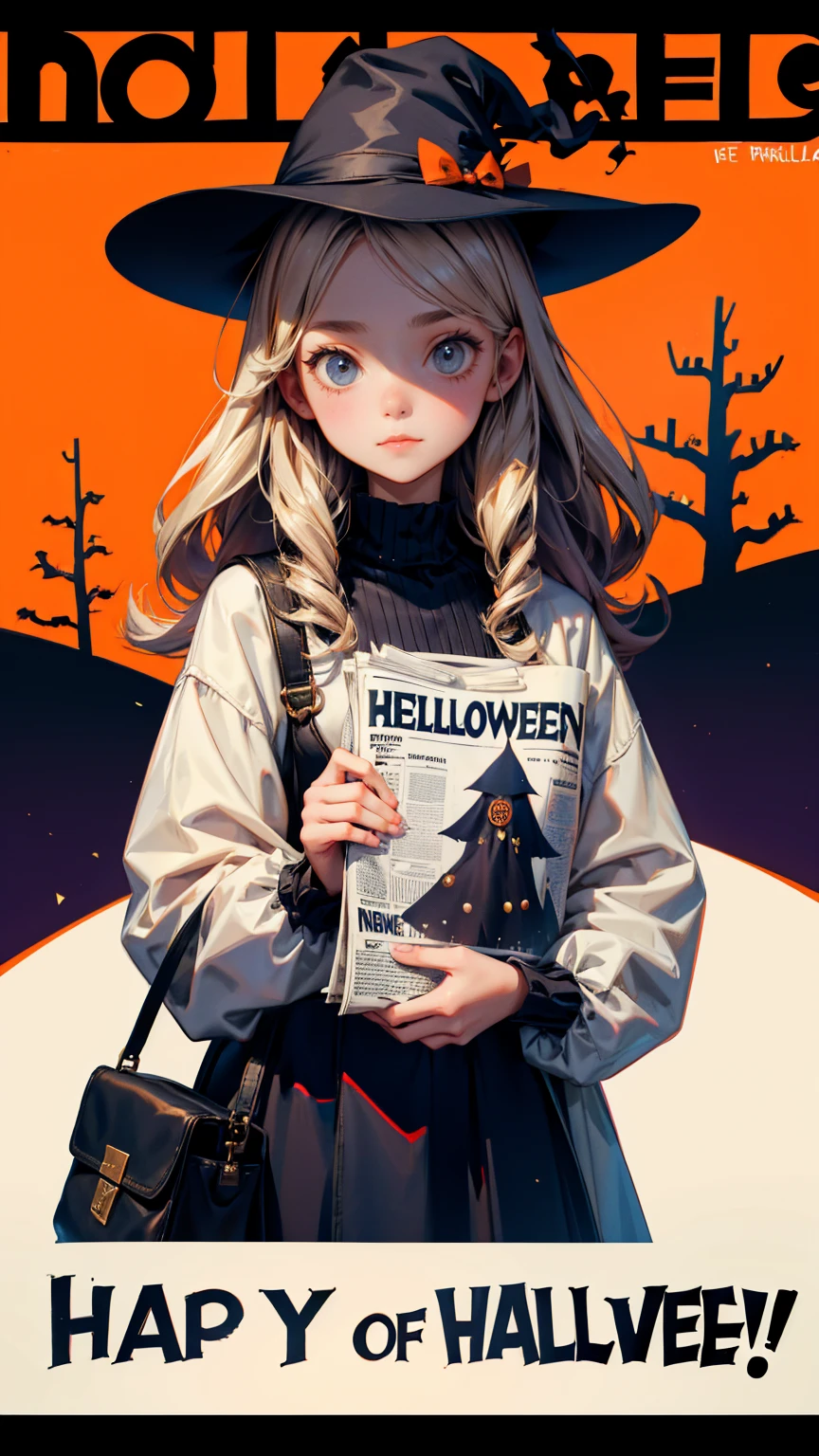 cute girl wearing hat and holding up a newspaper with the text "Announcement of Announcement," written on it, with a Halloween background and spooky trees in the back