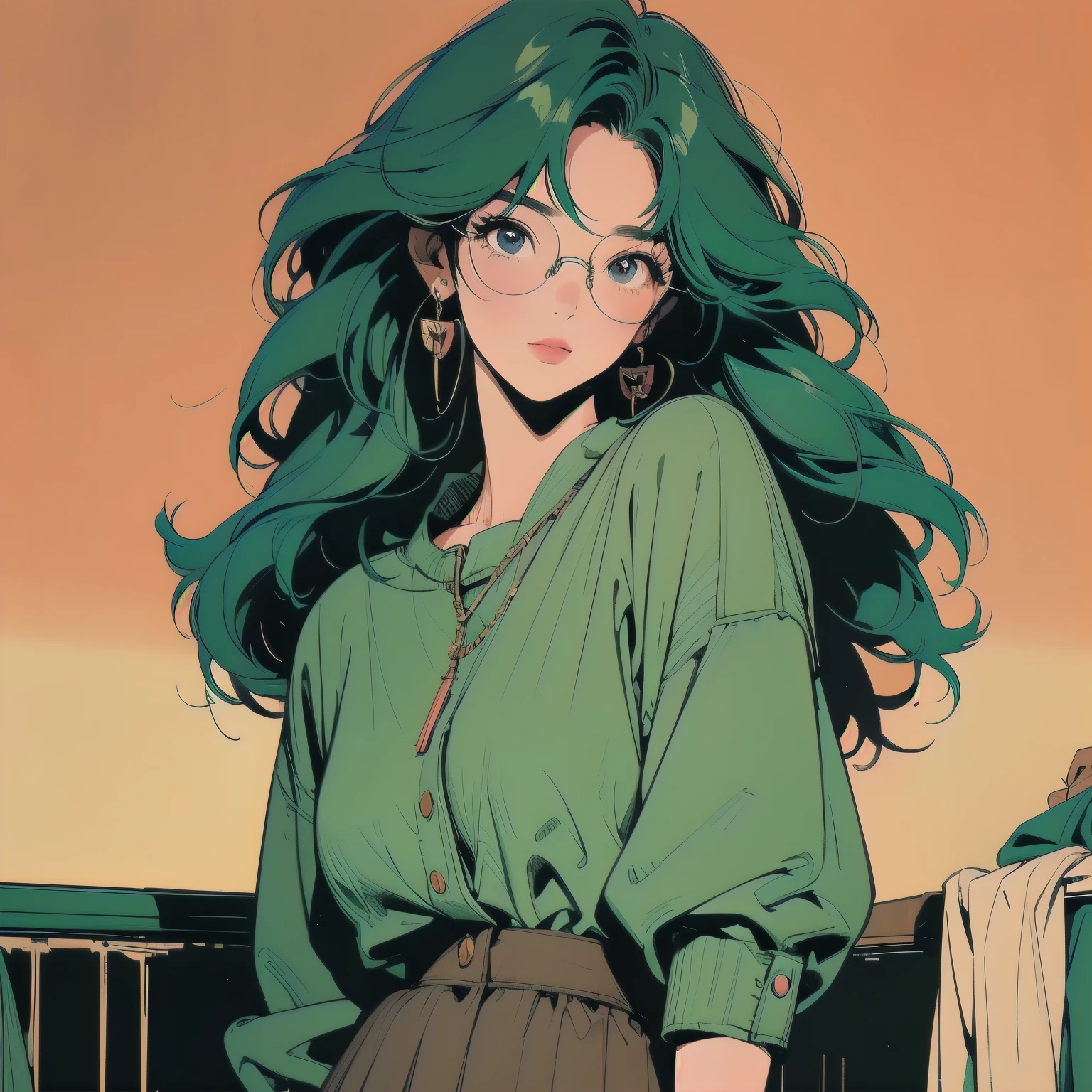 whole body, Upper Body, Messy room, Apartment, 1 girl, 4K, Warm colors , mysterious , skirt, blouse、Faint lighting、Detailed Hair、Perfect Face、80s fashion、retro color、Highest quality、Detailed Background、Complex background、sunset、Green Hair、anime、Glasses