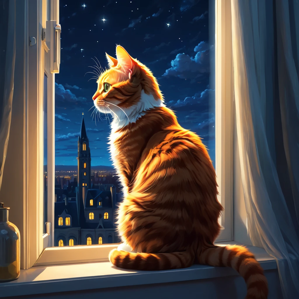 high quality, 最high quality, High resolution, masterpiece, 最高masterpiece, 8k, 16K, An illustration, night, Cat sitting by the window looking outside