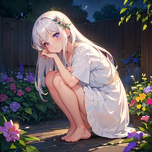 (best quality,4k,8k,highres,masterpiece:1.2),ultra-detailed,(realistic,photorealistic,photo-realistic:1.37),illustration,soft lighting,a girl with white hair,deep purple eyes,glowing eyes,sitting down,barefoot,face blushing,in a garden at night,flowers.