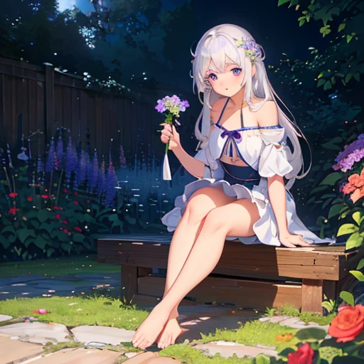 (best quality,4K,8K,high resolution,masterpiece:1.2),Very detailed,(Practical,photoPractical,photo-Practical:1.37),illustration,Soft Light,White hair girl,Deep purple eyes,Glowing eyes,sit down,barefoot,blush,Garden at night,Flowers.dew