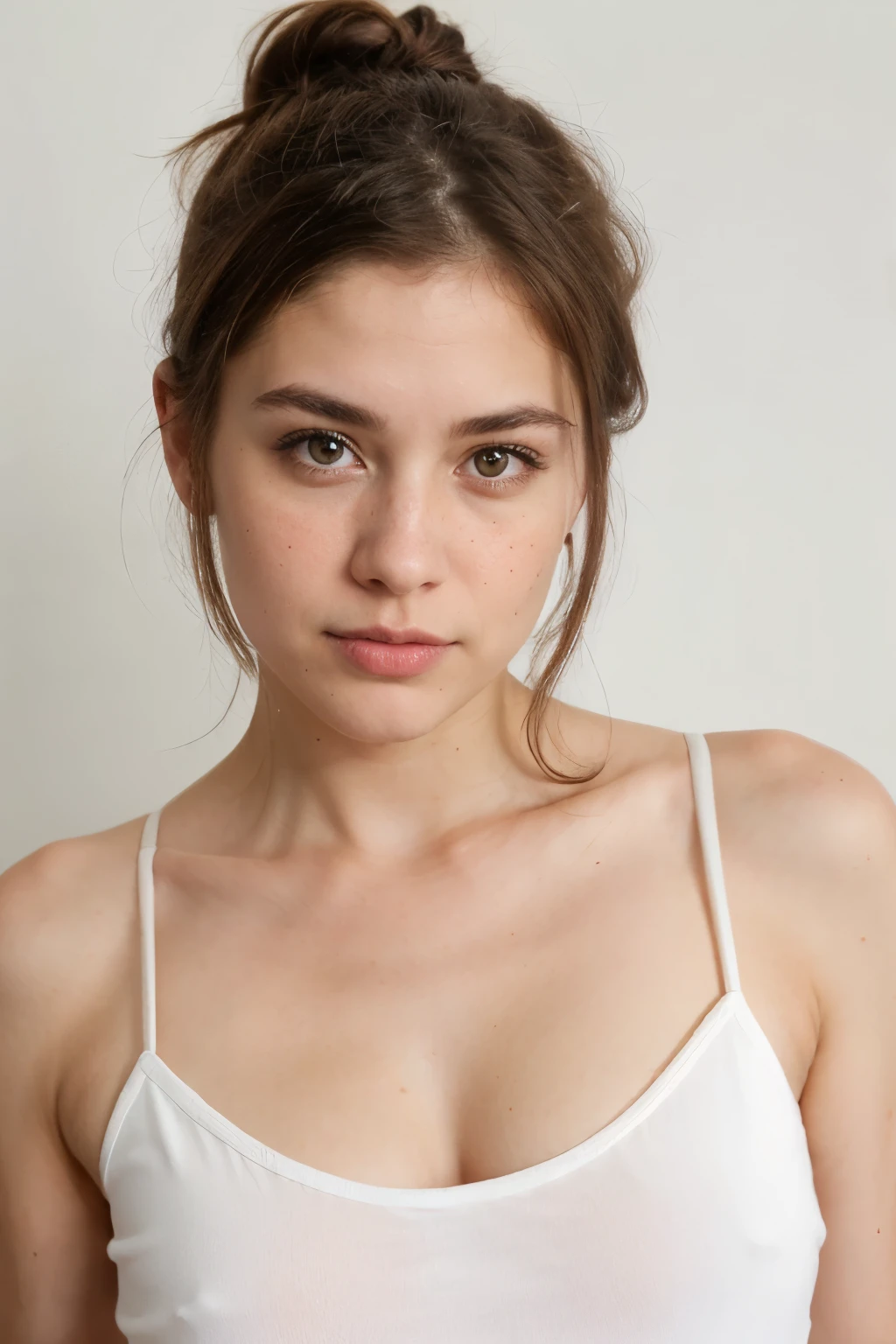 natural body, broad chubby face, white wall as background, wearing a white top with spaghetti straps, looking to the camera, 70kg heavy, 1,70cm tall, brown hair to a high bun, muito detalhado, 30 years old, High resolution, masterpiece, best quality, Elaborate, Highly detailed, muito detalhado, keen focus, detailed skin, realistic skin Textur, detailled eyes, perfectly fitting body, extremely detail, photorealestic, skin without freckles, realistic brown eyes, no hair in the face, no strand of hair in the face, night light, small
