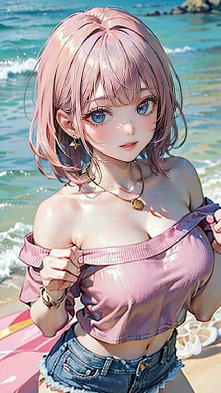 (masterpiece, Highest quality:1.3), (Super detailed:1.2), (hyperRealistic:1.3), (RAW Photos:1.2), High-definition RAW color photos, Professional photos, (PhotoRealistic:1.4), (Realistic:1.4), Professional Lighting, Perfect Anatomy, (Big Breasts:1.2), (blush, Detailed face), (Bright smile:1.5), (Pink Hair:1.5), Trending Hair&Trending Hairカラーをランダムに, Earrings, necklace, bracelet, Sexy, erotic Sexy, Random sexy gravure poses, (Beautiful woman wearing pink gold off-shoulder top and denim shorts、A refreshing smile on the beach、silver thumb wheel、Shell collecting pose。:1.3)