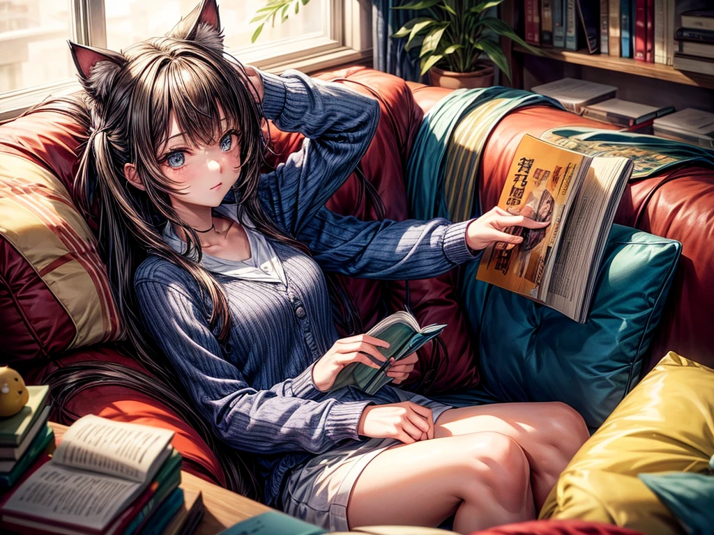 Cat ear girl relaxing and reading a book