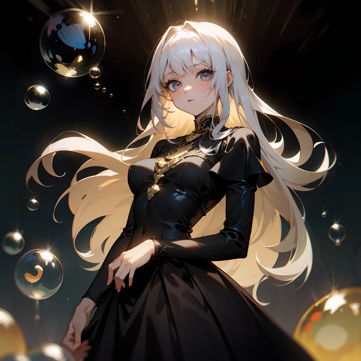 1 adult, masterpiece, best quality, woman, look at the viewer, ((she touching a bubble)), in the universe, with a black dress, golden details, ((looking pretty)), ((very confident)), white hair, silver eyes, long straight hair, many bubbles around, beautiful body, self-confident, powerful, epic, bubbles falling