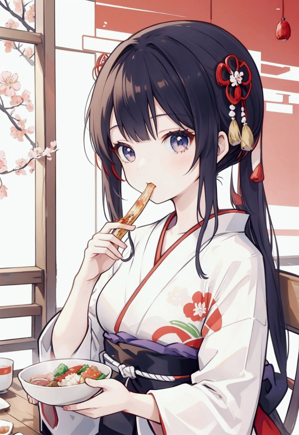 Japanese girl eating Japanese food