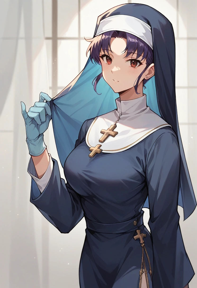 1girl, misato katsuragi, ((blue medical gloves)), (nun uniform), ((long sleeves)), looking at viewer, standing, solo