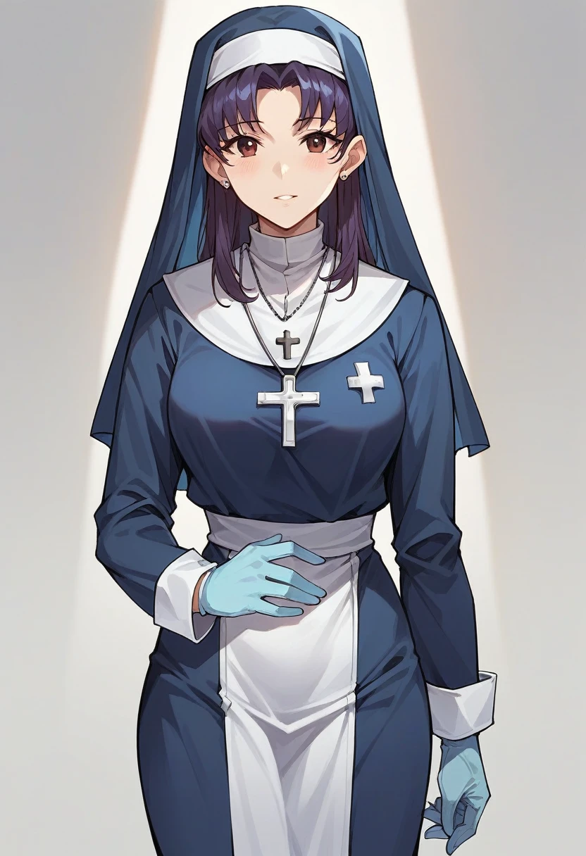 1girl, misato katsuragi, ((blue medical gloves)), (nun uniform), ((long sleeves)), looking at viewer, standing, solo