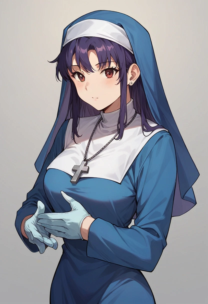 1girl, misato katsuragi, ((blue medical gloves)), (nun uniform), ((long sleeves)), looking at viewer, standing, solo

