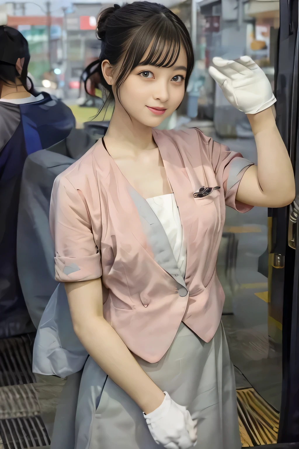 (masterpiece:1.2, Highest quality:1.2), 32k HDR, High resolution, (alone、1 girl)、(On the roof of a building in the daytime、Professional Lighting)、Building rooftop background、(Nankai train crew uniform pinkを着たリアルスタイル)、(Nankai Railway crew uniform, pink, short sleeve, collarless, pink jacket、No-collar short-sleeve blouse、Grey knee-length culottes)、((The bottom of the pink short-sleeved jacket cannot be tucked into the clay-colored culottes..))、Dark brown hair、(Hair tied up、Bun Hair)、Dark brown hair、Long Shot、Big Breasts、Thin legs、((Great hands:2.0)),((Harmonious body proportions:1.5)),((Normal limbs:2.0)),((Normal finger:2.0)),((Delicate eyes:2.0)),((Normal eyes:2.0)))、smile、(A beautiful figure showing off the Nankai Railway crew uniform)、Bring your hands down
