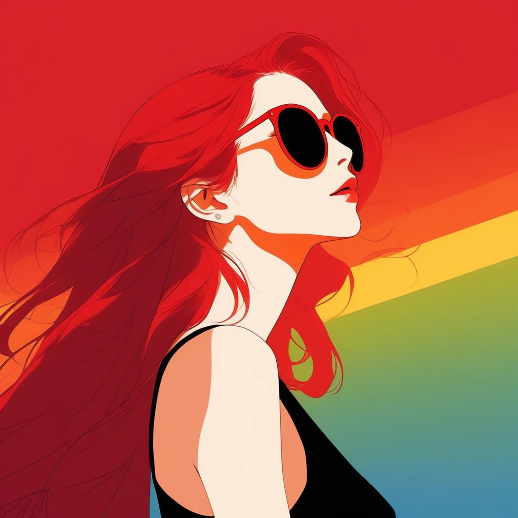 ((profile)),Bare shoulders,sexy, Cleavage,1 girl,Portraiture, (Red hair),(Long Hair),simple background, (masterpiece,Highest quality),lips, spark ,Rainbow Style, camisole, One Shoulder Top ,Stockholm,Dark red gradient , Ghibli Anime Style ,(Red background:1.2), (Red Sunglasses:1.2)