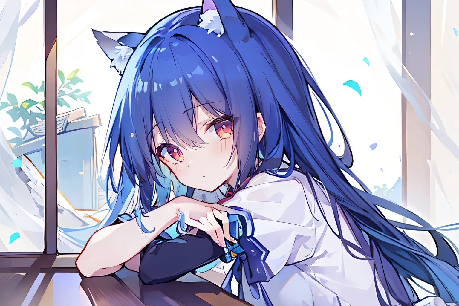 (Masterpiece:1.2),Ultra-detailed,lifelike,The eyes are expressive,Fair skin,Perfect face shape,1 girl,Japanese Manga,Gorgeous blue hair,Flowing blue hair,Flowing clothes,Cat ears,Petals falling,Smile,Tokyo background,background,heavy snow,winter.Highest quality,perfect face,sitting on window sill drinking coffee and looking out the window.