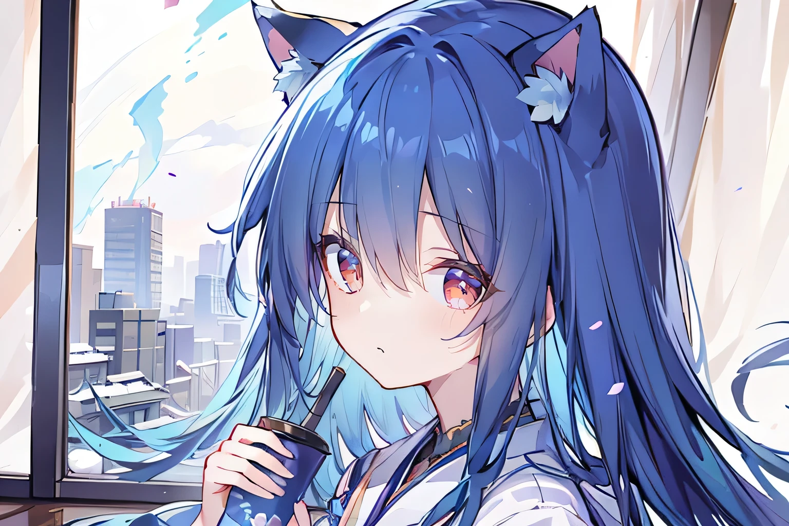 (Masterpiece:1.2)，Ultra-detailed，lifelike，The eyes are expressive，Fair skin，Perfect face shape，1 girl，Japanese Manga，Gorgeous blue hair，Flowing blue hair，Flowing clothes，Cat ears，Petals falling，Smile，Tokyo background，background，heavy snow，winter.Highest quality，perfect face，sitting on window sill drinking coffee and looking out the window.