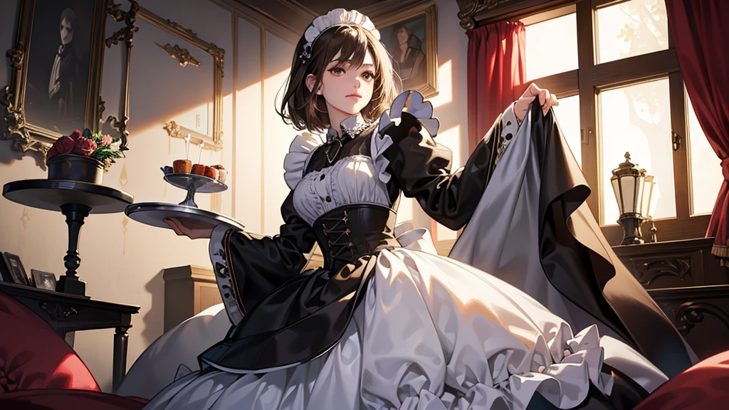 (tmasterpiece, high resolution,ultra - detailed:1.0),1 girl,Young and beautiful women,eye looking to camera,Perfect female body, (Vampire Castle), Extremely detailed CG,Unity 8k wallpaper,Complicated details, solo person, (Short brown hair,Maid clothes,Serious expression,Tray in hand),Luxurious living room,Gothic style,,Dark night,Portrait,color difference, Depth of field,dramatic shadow, Ray tracing, Best quality, Cinematic lighting,offcial art, Beautiful young maid, manipulative cunning, sly dominant maid, cruel, deceitful, fake smiles, secretly despite you,