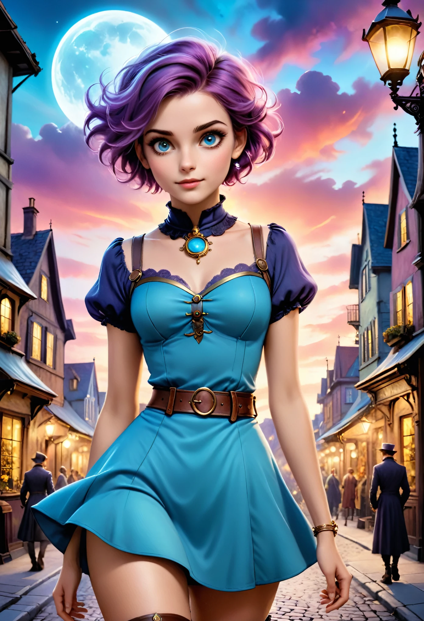 realistic, mesmerizing, modern analog photo, middle shot, photorealistic, (most detailed face, eyes), skyscape with clouds, nightfall, cute woman, small european town in 1910, short windblown skirt, soft steampunk aesthetic, short hair, smoke particles, halo, (bioluminescent:0.95), vibrant color details, dynamic, Intensed eyes, sexy, pleasure, wishmaster, depth of field, 35mm, film grain, raw photo, isometric, extremely detailed