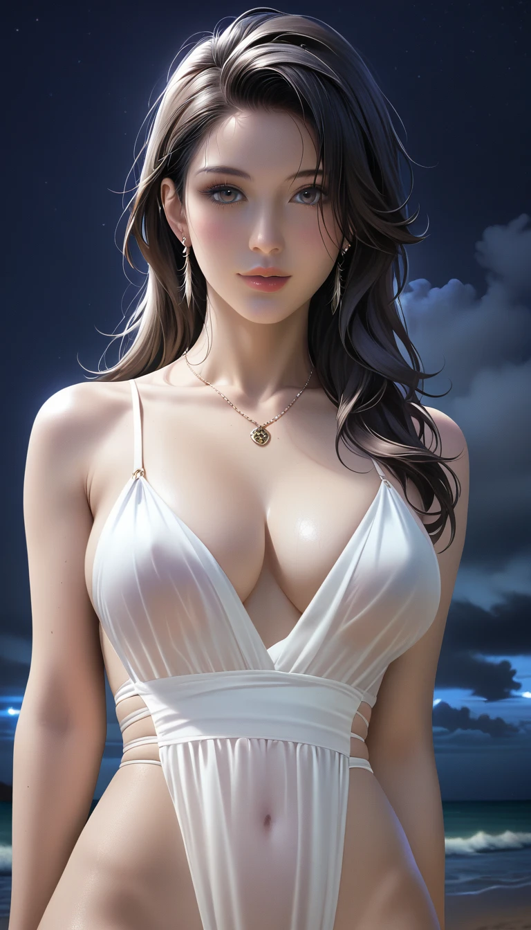 score_9, score_8_superior, score_7_superior, Masterpieces with up to 16K resolution,Highest quality,it is really amazing,Very detailed,Ultra-high resolution,(Ultra-realistic:1.1),(Realistic:1.1),Increased depth of field,Cinematic lighting,
Elegant Japanese MILF,
Long black hair,Ultra-detailed and beautiful face,Translucent white skin,Realistic skin texture,
(Elegant swimwear:1.1),
Bold design,Artistic design,Beautiful and detailed pattern,Detailed fabric texture,
Gorgeous necklace,Earrings,
(Deserted beach at night:1.4),(Dark night sky with dark clouds:1.4),
(Dramatic Angle:1.1),