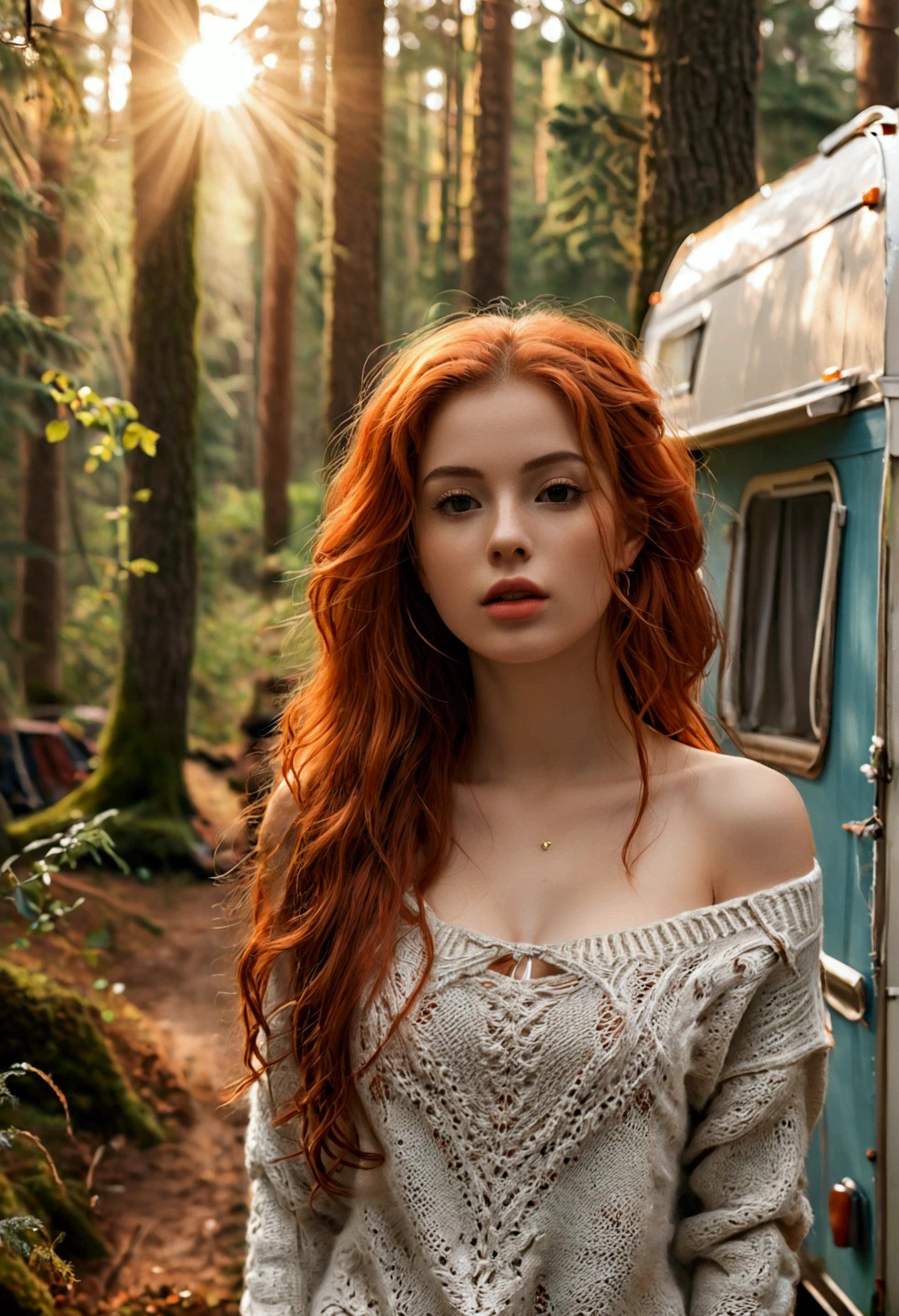 (full body shot:1.1) photorealistic image of a (standing pose:1.1) woman, ultra realistic, photography, long red hair, girl, 24 years old, hourglass figure, perfect body, Flirty look, natural medium breasts, blur background, posing with a belly-free sweater in front of a caravan parked in the woods, she wears sneakers