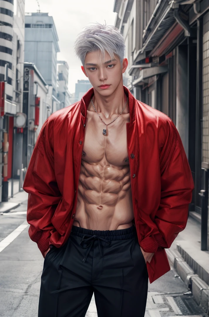 Japanese male model, Portrait, adult, handsome, perfect face detail, detailed eyes and face, clean shaved, sixpack realistic, white eyebrow hair, white eyelashes, dynamic lighting, unreal engine 5, hd picture, satoru gojo, white hair, short hair ,hair between eyes ,blue eyes, white skin, wear a jacket, wear a necklace