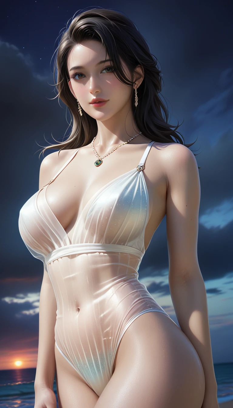 score_9, score_8_superior, score_7_superior, Masterpieces with up to 16K resolution,Highest quality,it is really amazing,Very detailed,Ultra-high resolution,(Ultra-realistic:1.1),(Realistic:1.1),Increased depth of field,Cinematic lighting,
Elegant Japanese MILF,
Long black hair,Ultra-detailed and beautiful face,Translucent white skin,Realistic skin texture,
(Elegant swimwear:1.1),
Bold design,Artistic design,Beautiful and detailed pattern,Detailed fabric texture,
Gorgeous necklace,Earrings,
(Deserted beach at night:1.4),(Dark night sky with dark clouds:1.4),
(Dramatic Angle:1.1),
