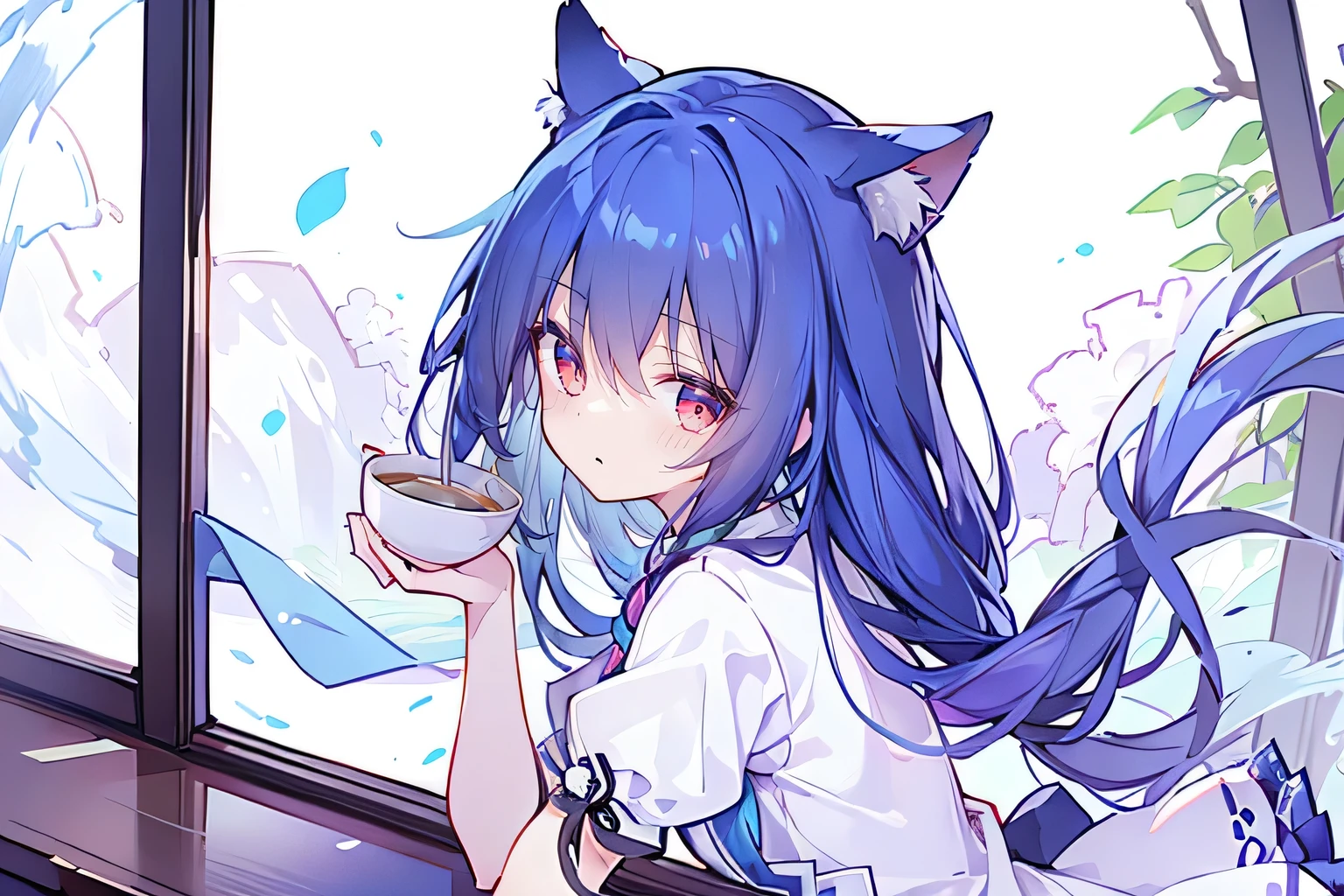 (Masterpiece:1.2)，Ultra-detailed，lifelike，The eyes are expressive，Fair skin，Perfect face shape，1 girl，Japanese Manga，Gorgeous blue hair，Flowing blue hair，Flowing clothes，Cat ears，Petals falling，Smile，Tokyo background，background，heavy snow，winter.Highest quality，perfect face，sitting on window sill drinking coffee and looking out the window.