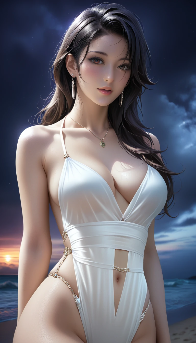 score_9, score_8_superior, score_7_superior, Masterpieces with up to 16K resolution,Highest quality,it is really amazing,Very detailed,Ultra-high resolution,(Ultra-realistic:1.1),(Realistic:1.1),Increased depth of field,Cinematic lighting,
Elegant Japanese MILF,
Long black hair,Ultra-detailed and beautiful face,Translucent white skin,Realistic skin texture,
(Elegant swimwear:1.1),
Bold design,Artistic design,Beautiful and detailed pattern,Detailed fabric texture,
Gorgeous necklace,Earrings,
(Deserted beach at night:1.4),(Dark night sky with dark clouds:1.4),
(Dramatic Angle:1.1),