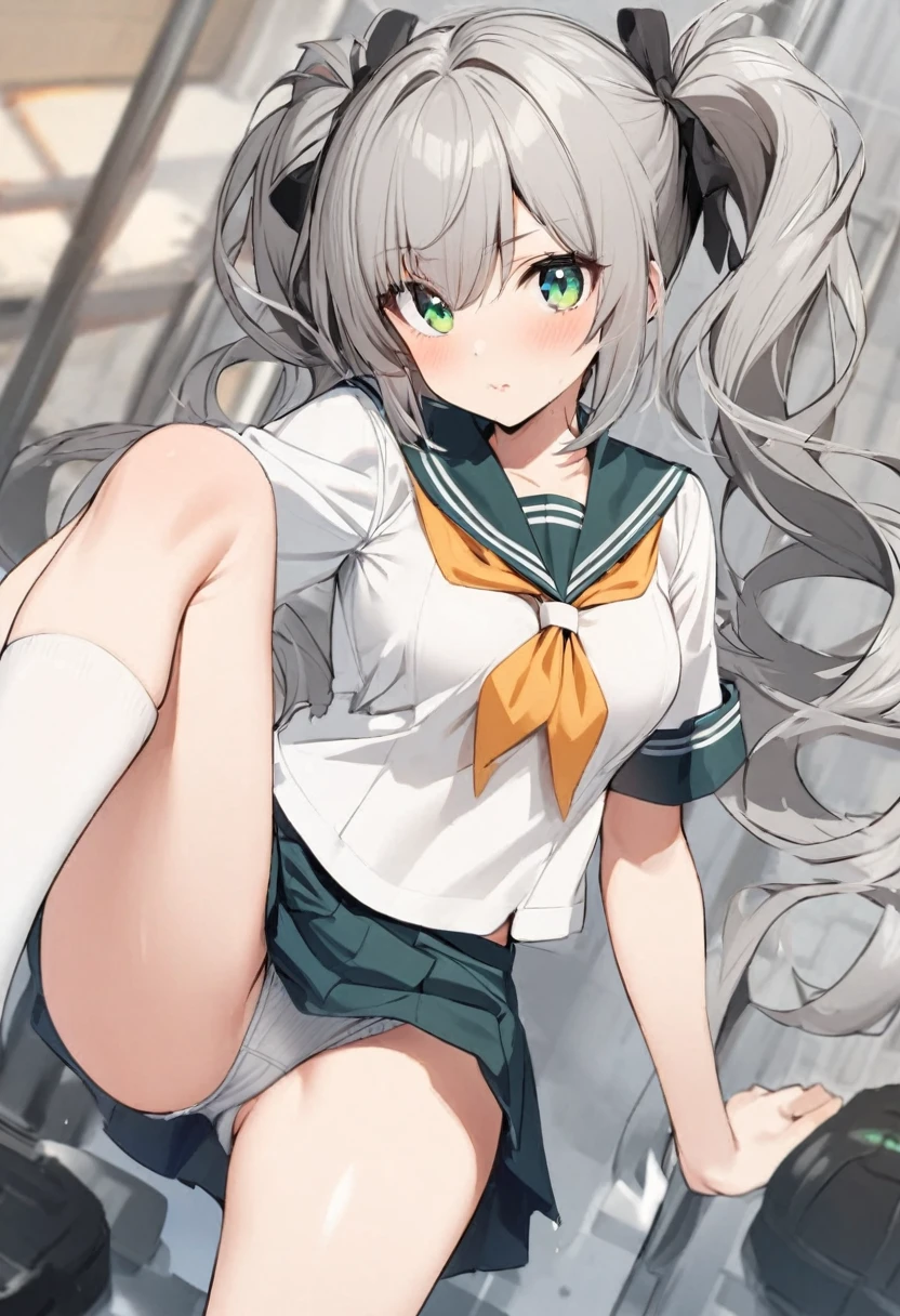 A girl, with gray hair,long thick twintails hair,emerald eyes,sailor suit
