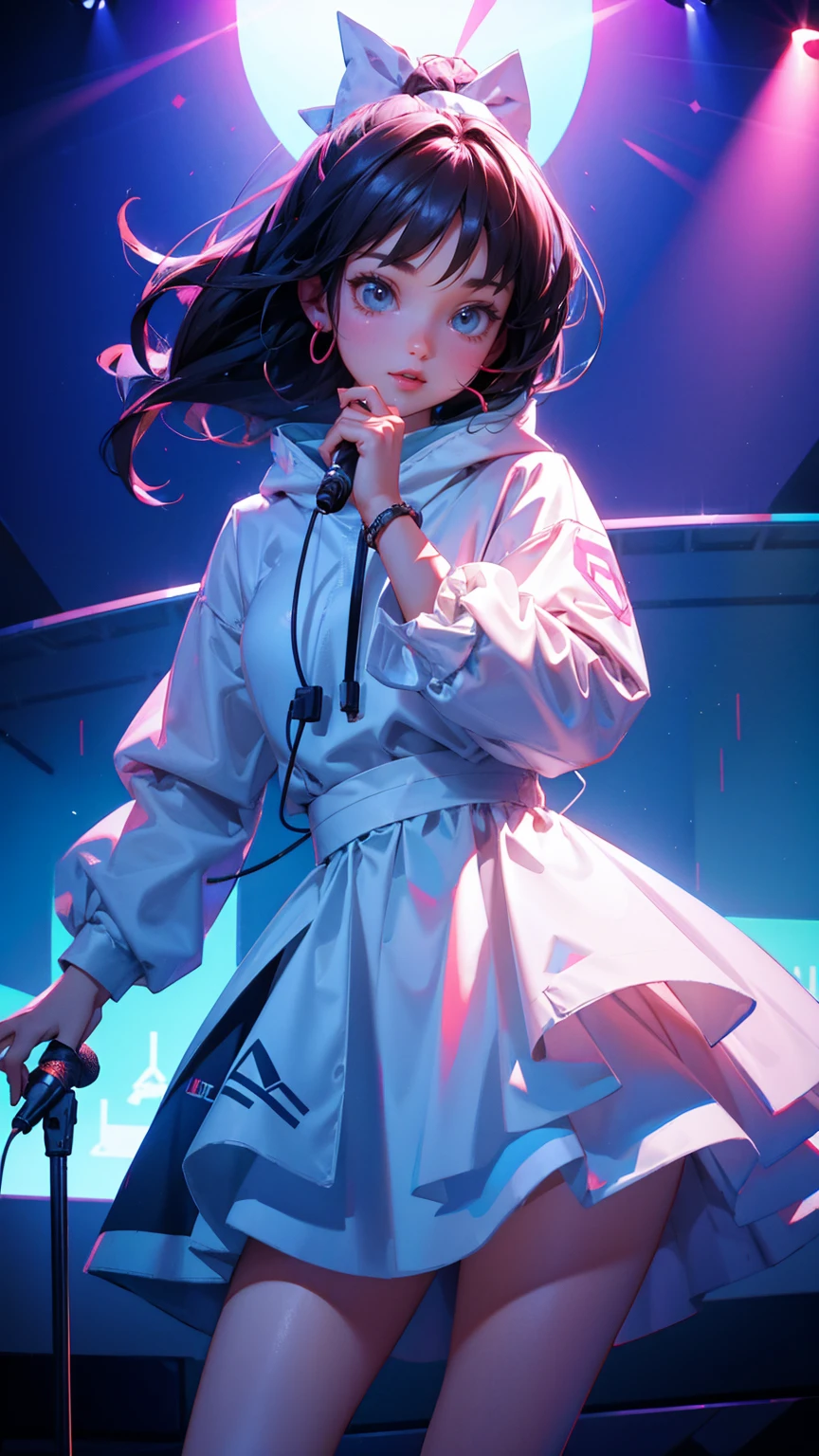 cute girl three-dimensional word sculpture forming the shape of an animated character speaking into a microphone on stage with trees in the background