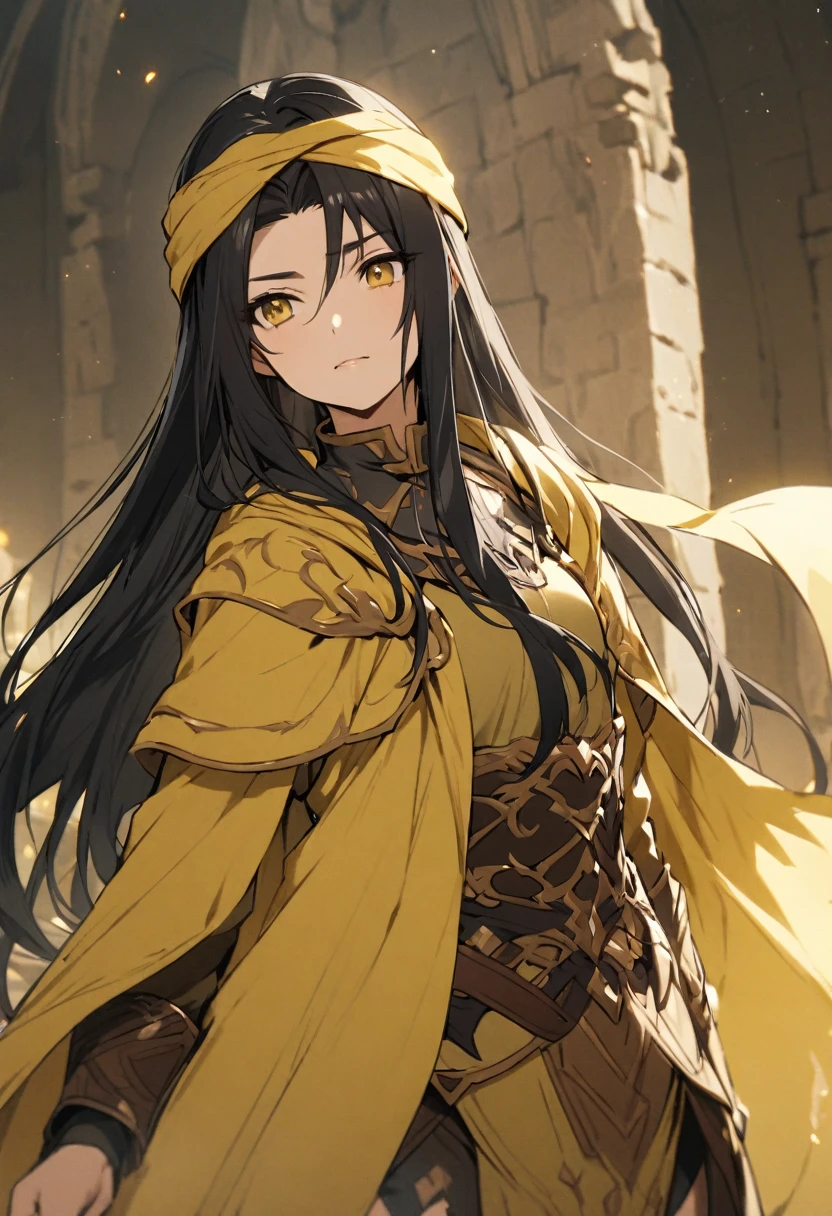 good looking ,Roleplaying、Small eyes、Long Hair、Fantasy style clothing、Yellow clothes、Yellow Cape、Black Hair、Yellow bandana on head、