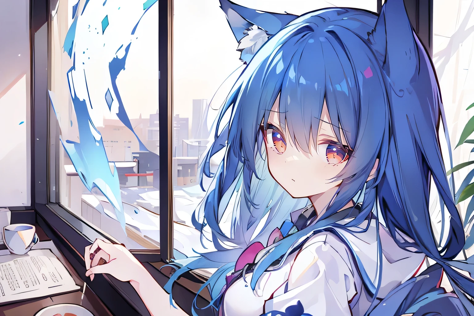 (Masterpiece:1.2),Ultra-detailed,lifelike,The eyes are expressive,Fair skin,Perfect face shape,1 girl,Japanese Manga,Gorgeous blue hair,Flowing blue hair,Flowing clothes,Cat ears,Petals falling,Smile,Tokyo background,background,heavy snow,winter.Highest quality,perfect face,sitting on window sill drinking coffee and looking out the window.