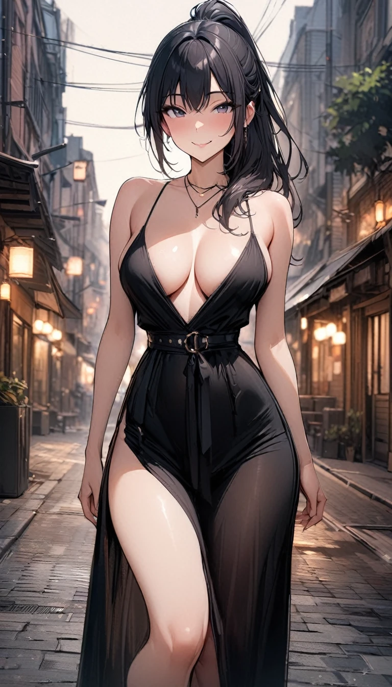 (masterpiece, best quality:1.2), 1 girl, alone , sexy , (maxi_dress), cowboy shot, black hair ,hair ponytail, (smile), (street_background) , outdoor, look at viewer, busty_breasts, cleavage