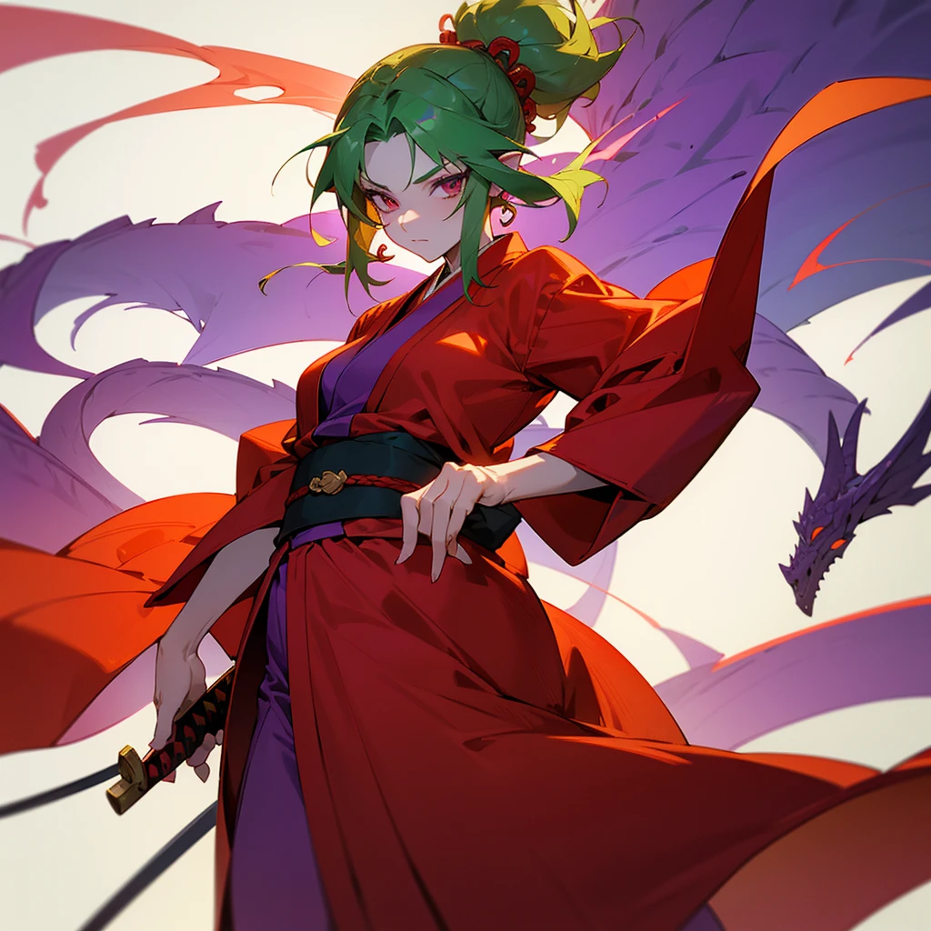 Make a beautiful young woman, pale skin, attractive appearance, young, half-dragon appearance, very subtle scales on her skin, red green hair, purple details in her hair, oriental clothes (kimonos), monk clothes, red clothes. On her waist is a Katana.