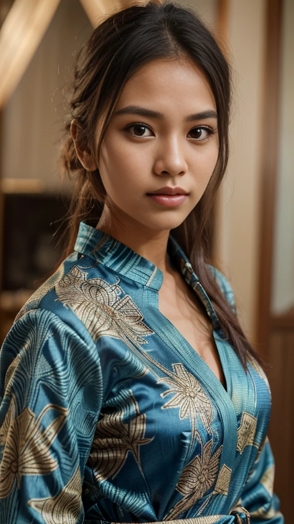 Indonesian girl, cute idol, natural brown skin, hair on a bun, ((batik clothes)), ((top quality, 8k, masterpiece: 1.3)), crisp focus: 1.2, beautiful woman with perfect figure: 1.4, highly detailed face and skin texture, detailed eyes, white kebaya dress, skinny, beautiful face, symmetrical face, are visible