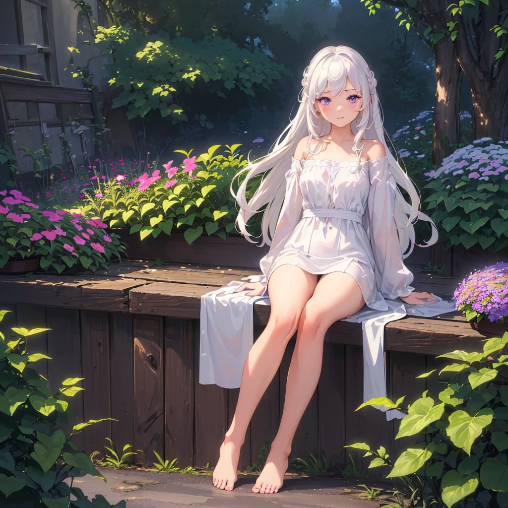 (best quality,4K,8K,high resolution,masterpiece:1.2),Very detailed,(Practical,photoPractical,photo-Practical:1.37),illustration,Soft Light,White hair girl,Deep purple eyes,Glowing eyes,sit down,barefoot,blush,Garden at night,Flowers.dew