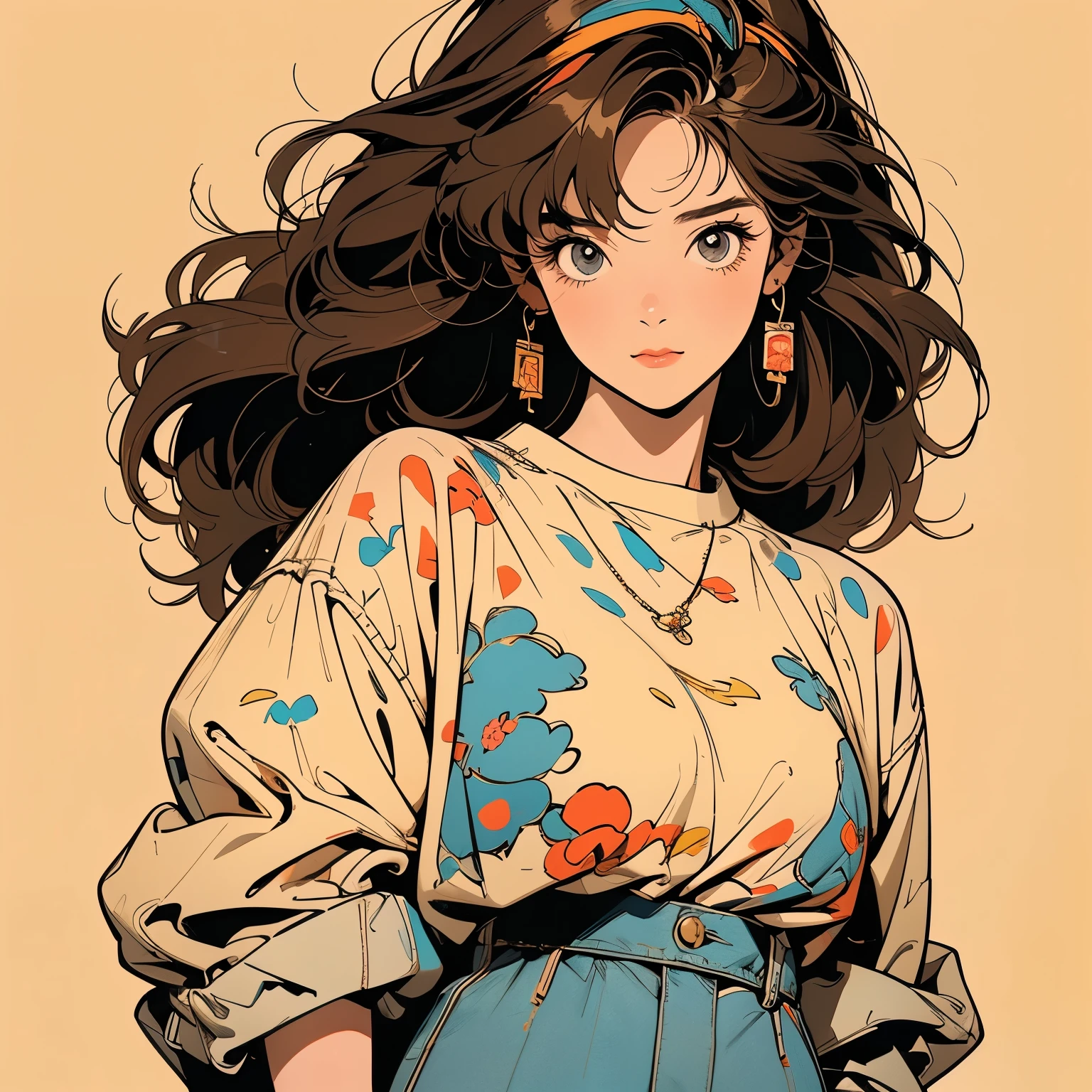 whole body, Upper Body, Messy room, Apartment, 1 girl, 4K, Warm colors , Gentle expression , skirt, blouse、Faint lighting、Detailed Hair、Perfect Face、80s fashion、retro color、Highest quality、Simple and abstract background、sunset、Brown Hair、Mr.々Angle、anime、Yellow headband