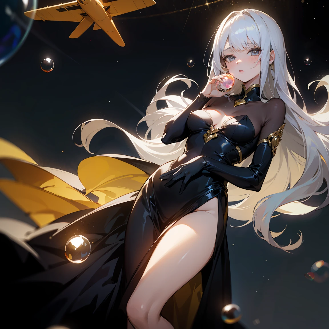1 adult, masterpiece, best quality, woman, look at the viewer, ((she touching a bubble)), in the universe, with a black dress, golden details, ((looking pretty)), ((very confident)), white hair, silver eyes, long straight hair, many bubbles around, beautiful body, self-confident, powerful, epic, bubbles falling, medium plane, half body, very sexy