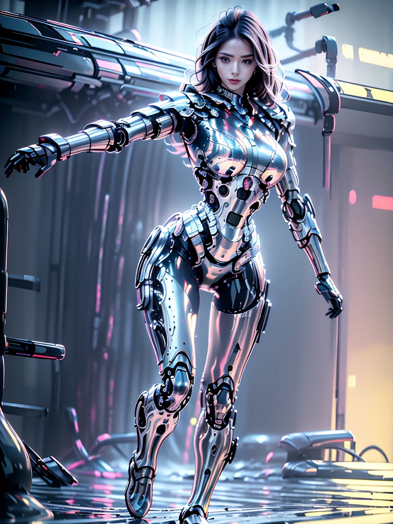 female robot, thin, skin part is only face, silver metal skin, full metal robot body, mechanical parts, electronic wire, cum in pussy, high quality, medium breasts, bob hair, tall, thigh gap, full body metal skin, wet, cum in pussy, metallic tits, separated breast, under repair, anatomical body, unreal engine, from below