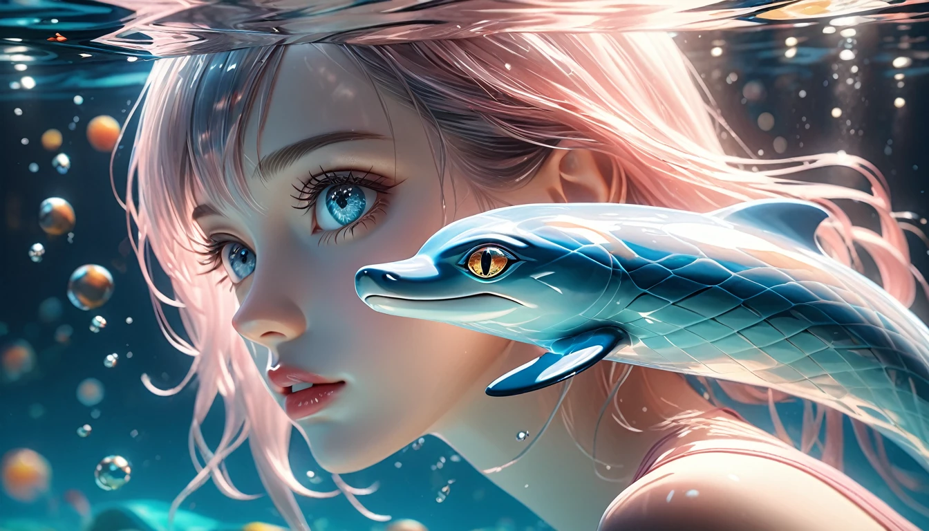 a girl swimming with a snake, beautiful detailed eyes, beautiful detailed lips, extremely detailed eyes and face, long eyelashes, underwater, digital art, award-winning masterpiece, surreal, famous artist, 3d art, transparent, dolphin emerging from the right side of the girl, (best quality,4k,8k,highres,masterpiece:1.2),ultra-detailed,(realistic,photorealistic,photo-realistic:1.37),vivid colors,studio lighting,bokeh