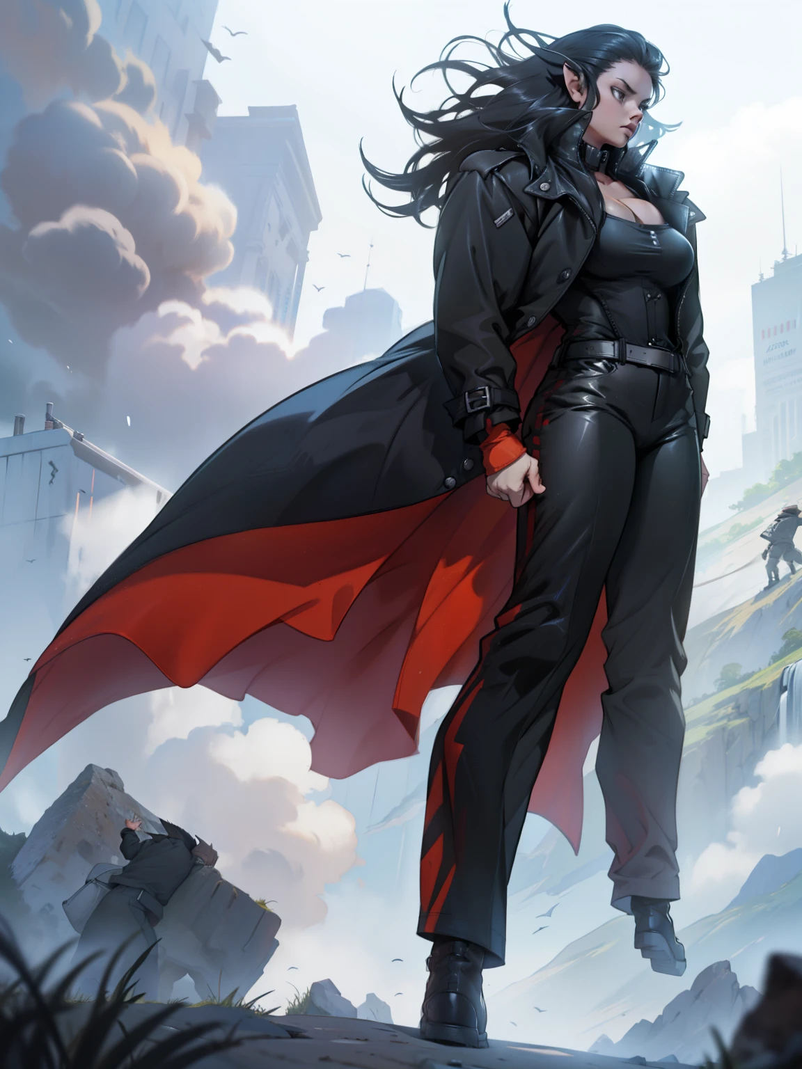 Female 40 Years old, Serious face, pointy ears, wearing high collar long trench coat, ((black shirt)), black pants, high cut boots, levitate on sky, cloud