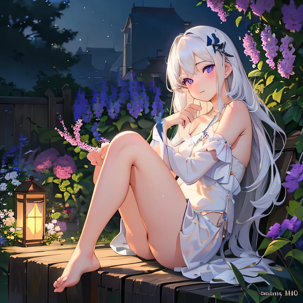 (best quality,4K,8K,high resolution,masterpiece:1.2),Very detailed,(Practical,photoPractical,photo-Practical:1.37),illustration,Soft Light,White hair girl,Deep purple eyes,Glowing eyes,sit down,barefoot,blush,Garden at night,Flowers.dew