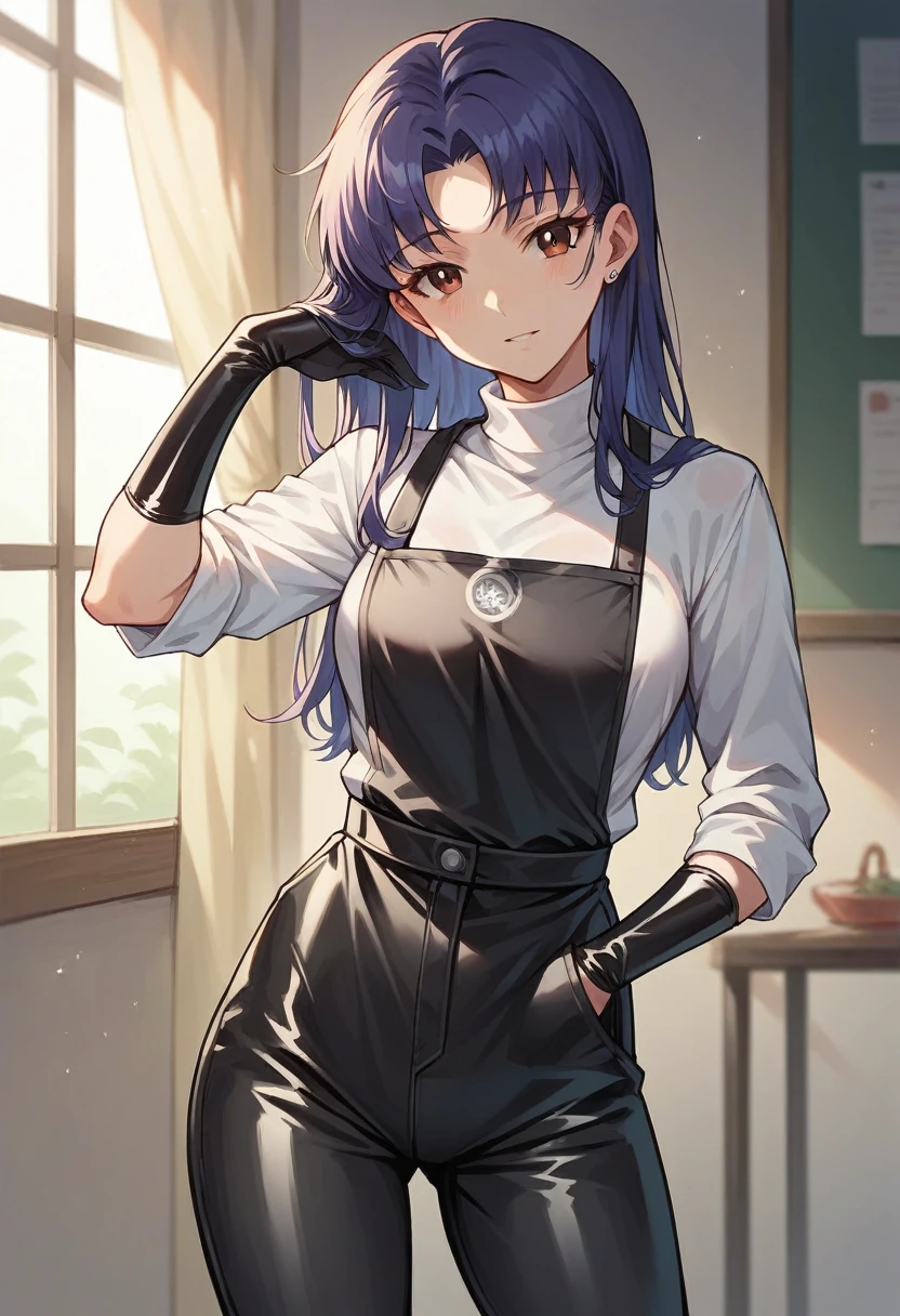 1girl, misato katsuragi, ((blue half elbow gloves)), ((surgical gloves)), ((latex gloves)), ((shirt)), ((long sleeves)), (black apron), (pants), looking at viewer, standing, solo