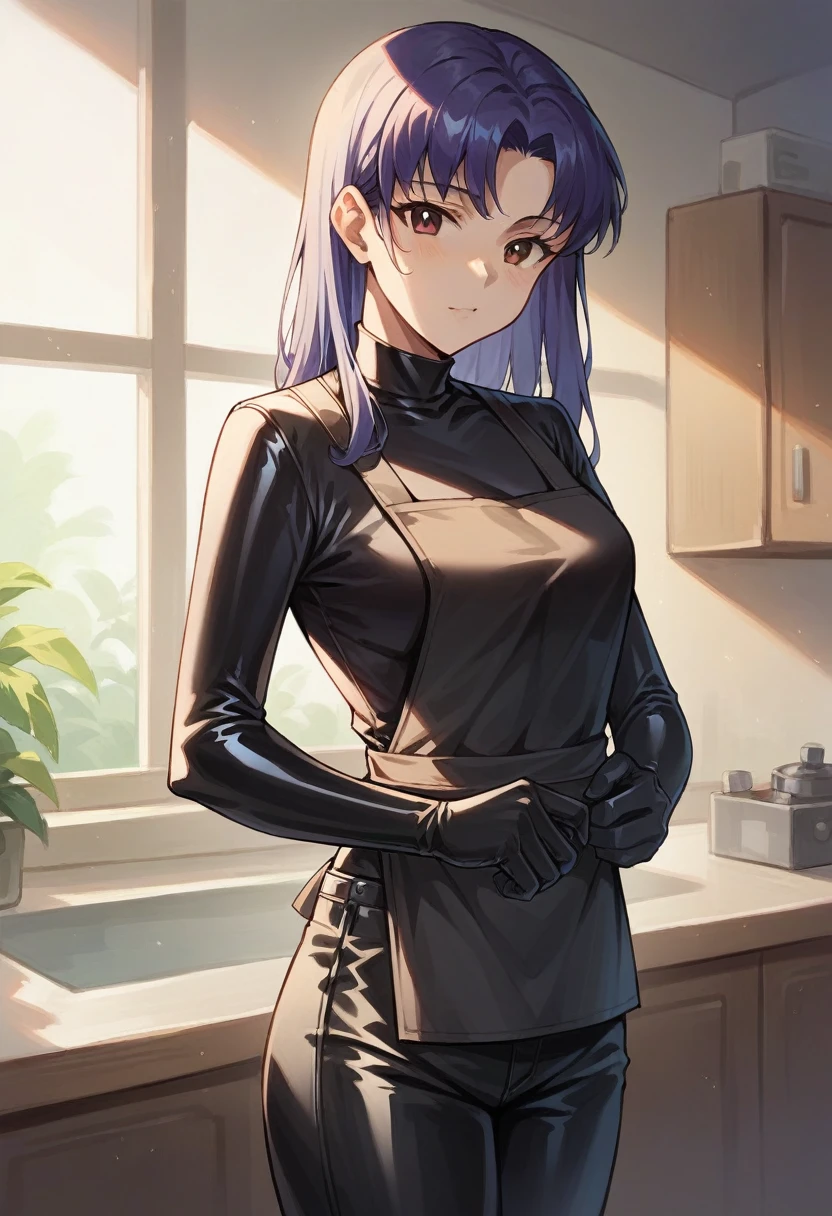 1girl, misato katsuragi, ((blue half elbow gloves)), ((surgical gloves)), ((latex gloves)), ((shirt)), ((long sleeves)), (black apron), (pants), looking at viewer, standing, solo
