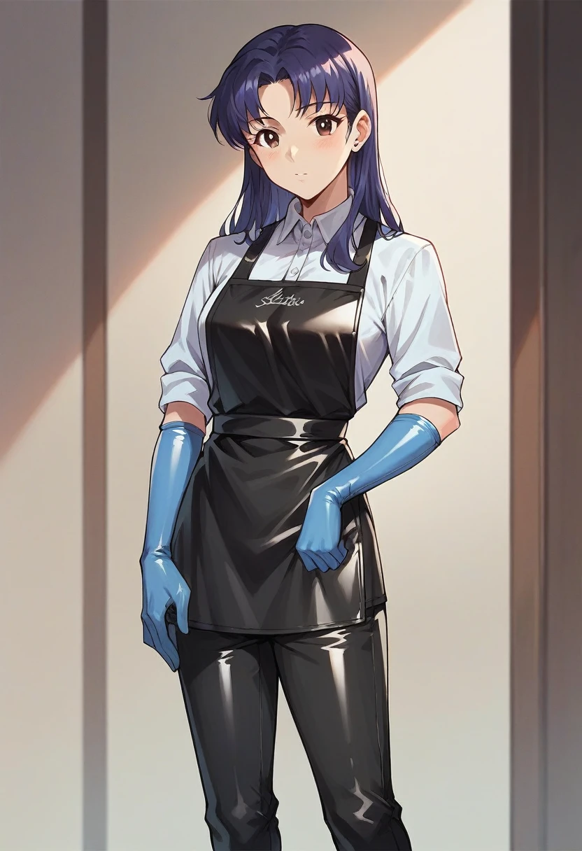 1girl, misato katsuragi, ((blue half elbow gloves)), ((surgical gloves)), ((latex gloves)), ((shirt)), ((long sleeves)), (black apron), (pants), looking at viewer, standing, solo