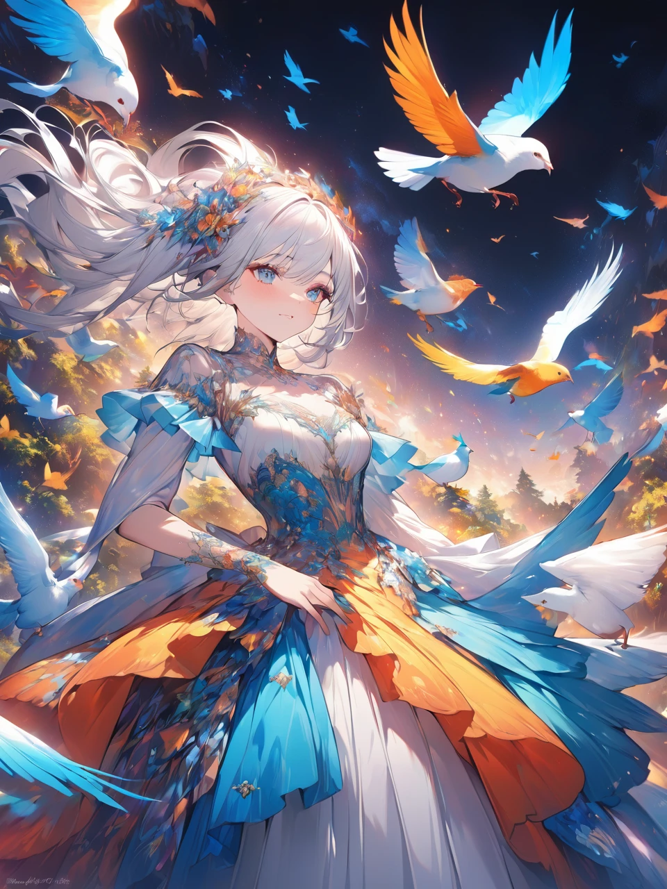 Highest quality, Highest quality, 16K, Unbelievably absurd, Very detailed, 2.5D, delicate and dynamic,Pure white background,Focus on the dress,Bright dress,saturated color,The dress features patterns of birds, cats and forests.,Fantasy dresses,art,art